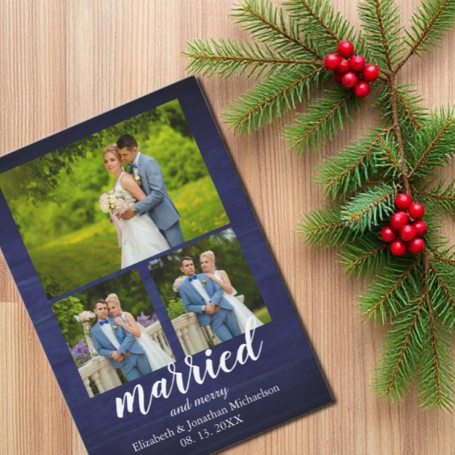 Rustic Wood Married and Merry Photo Collage Holiday Card (Creator Uploaded)