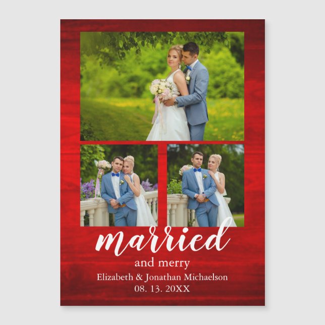 Rustic Wood Married and Merry Photo Collage Magnet (Front)