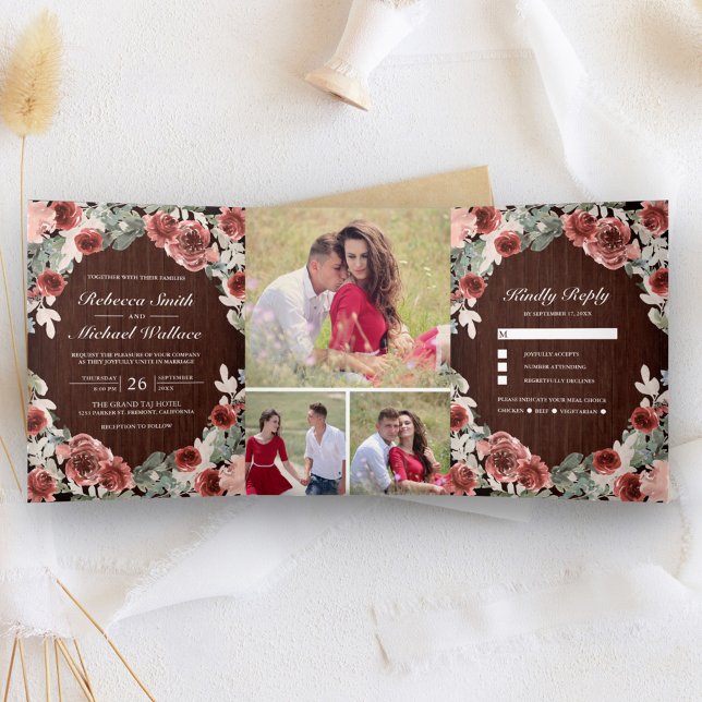 Rustic Wood Marsala Floral Photo Collage Wedding Tri-Fold Invitation (Creator Uploaded)