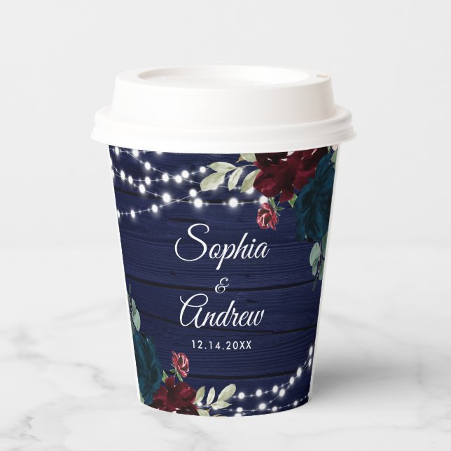 Rustic Wood Marsala & Navy Blue Flowers Paper Cups (Front)