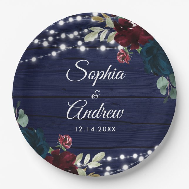 Rustic Wood Marsala & Navy Blue Flowers Paper Plate (Front)