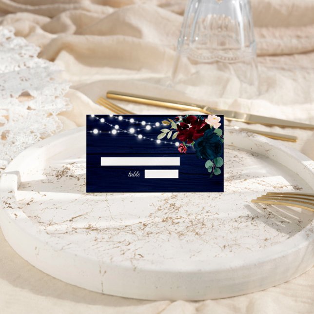 Rustic Wood Marsala & Navy Blue Flowers  Place Card (Creator Uploaded)