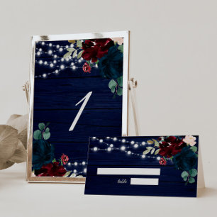 Rustic Wood Marsala & Navy Blue Flowers Table Number