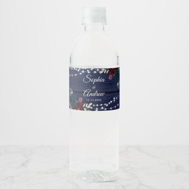 Rustic Wood Marsala & Navy Blue Flowers Water Bottle Label (Front)