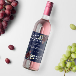 Rustic Wood Marsala & Navy Blue Flowers Wine Label