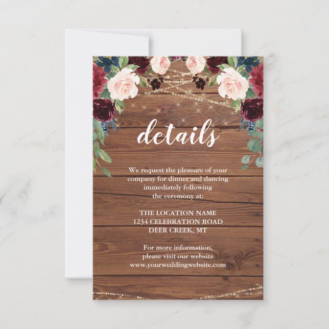 Rustic Wood Marsala Wedding Reception Details Invitation (Front)