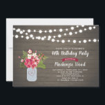 Rustic Wood & Mason Jar 40th Birthday Invitation<br><div class="desc">Celebrate your special day with this stylish birthday invitation. This design features string lights,  mason jar & flower bouquet on a rustic wood background.
You can customise all the text and the monogram on a mason jar. Perfect for a fall/autumn event.</div>