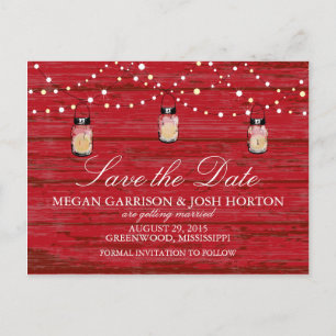 Rustic Wood Mason Jar and Lights Save the Date Announcement Postcard