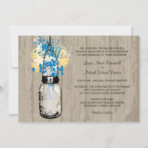 Rustic Wood Mason Jar and Wildflowers Wedding Invitation