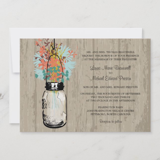 Rustic Wood Mason Jar and Wildflowers Wedding Invitation (Front)