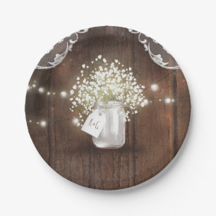 Rustic Wood Mason Jar Baby's Breath Barn Wedding Paper Plate