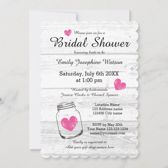 Rustic wood mason jar bridal shower invitations (Front)