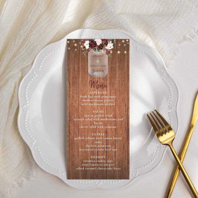 Rustic Wood Mason Jar Burgundy Floral Wedding Menu (Creator Uploaded)