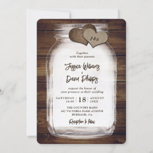 Rustic Wood Mason Jar Burlap Hearts Wedding Invitation