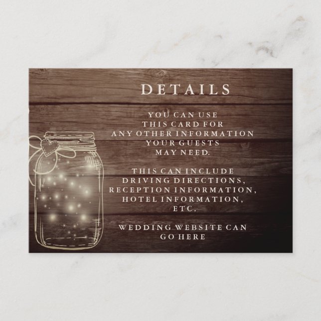 Rustic Wood Mason Jar Country Reception Enclosure Card (Front)