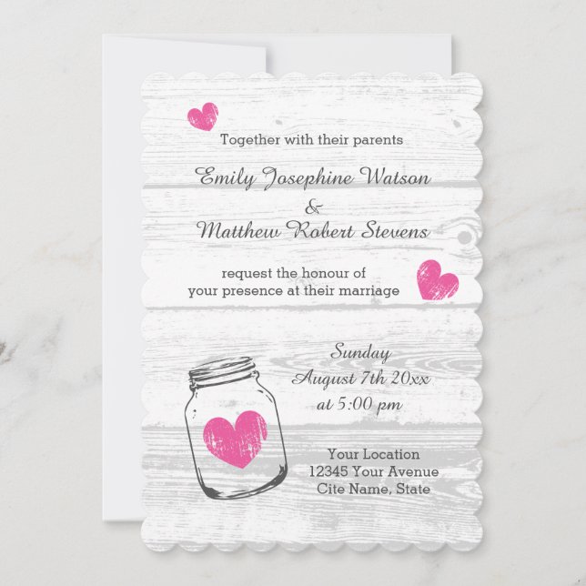 Rustic wood mason jar country wedding invitations (Front)