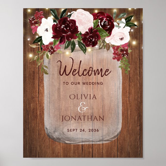 Rustic Wood Mason Jar Floral Fall Wedding Welcome Poster (Front)