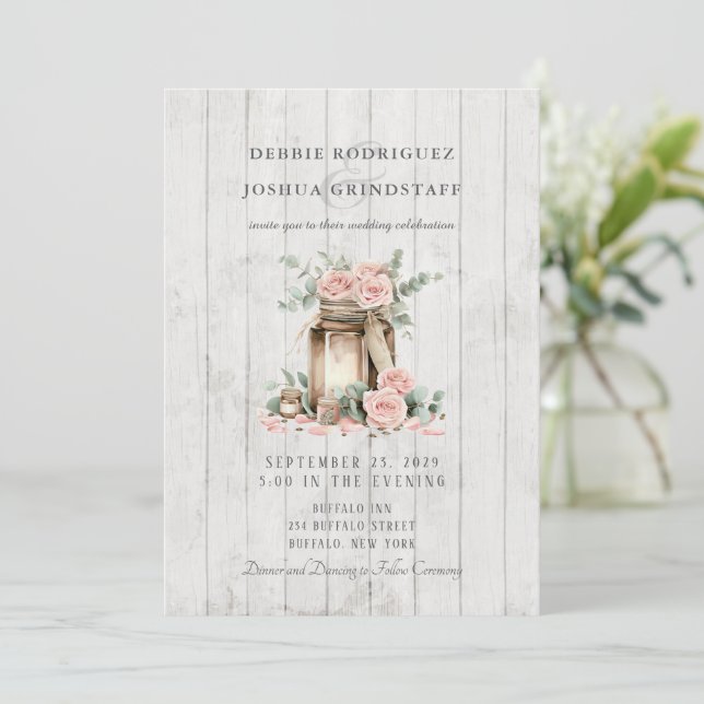 Rustic Wood Mason Jar Floral Wedding Invitation  (Standing Front)