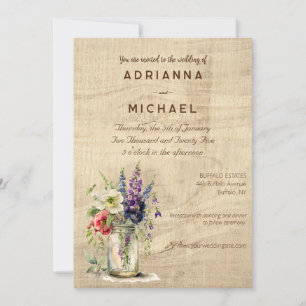 Rustic Wood Mason Jar Floral Wedding Invitation