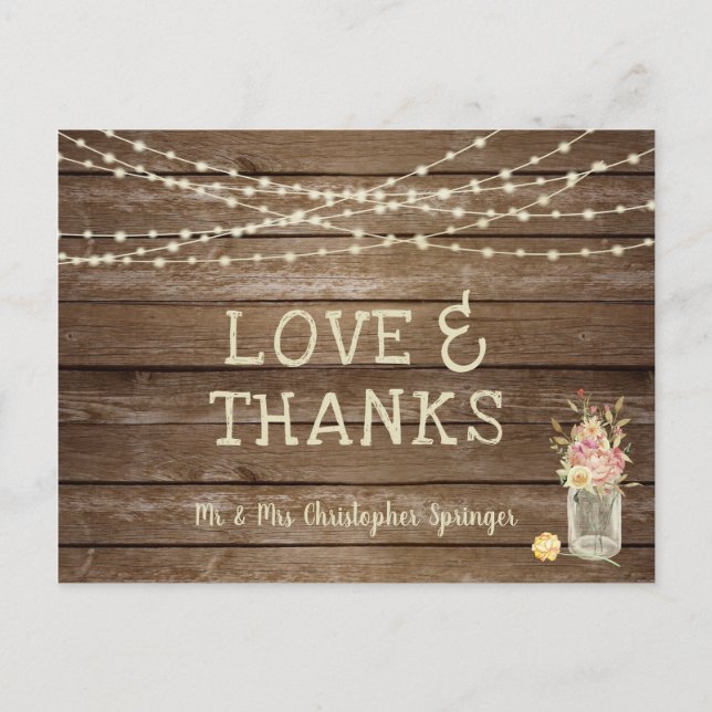 Rustic Wood Mason Jar Flowers LOVE THANKS Wedding Postcard (Front)