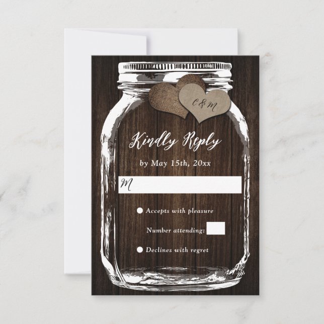 Rustic Wood Mason Jar Hearts Initials Wedding RSVP Card (Front)