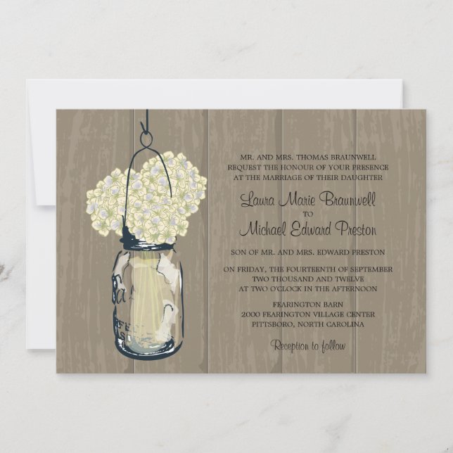 Rustic Wood Mason Jar Hydrangeas Wedding Invitation (Front)