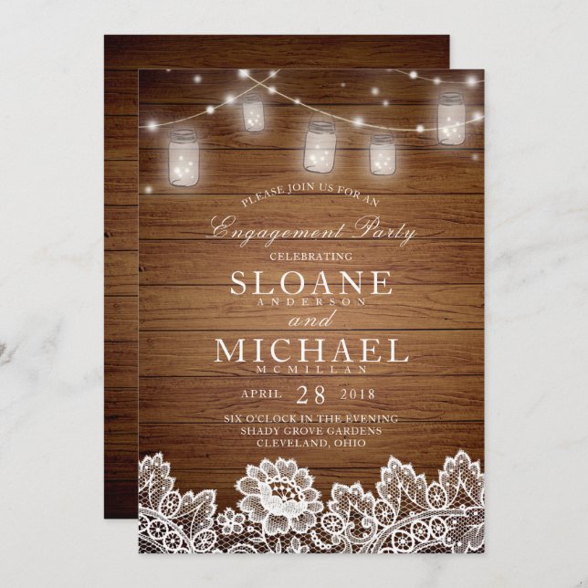 Rustic Wood Mason Jar Lace Engagement Party Invitation (Front/Back)