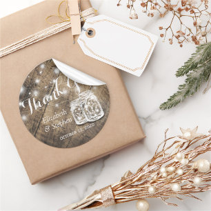 Rustic Wood Mason Jar Lamp Wedding Favour Thank Yo Classic Round Sticker