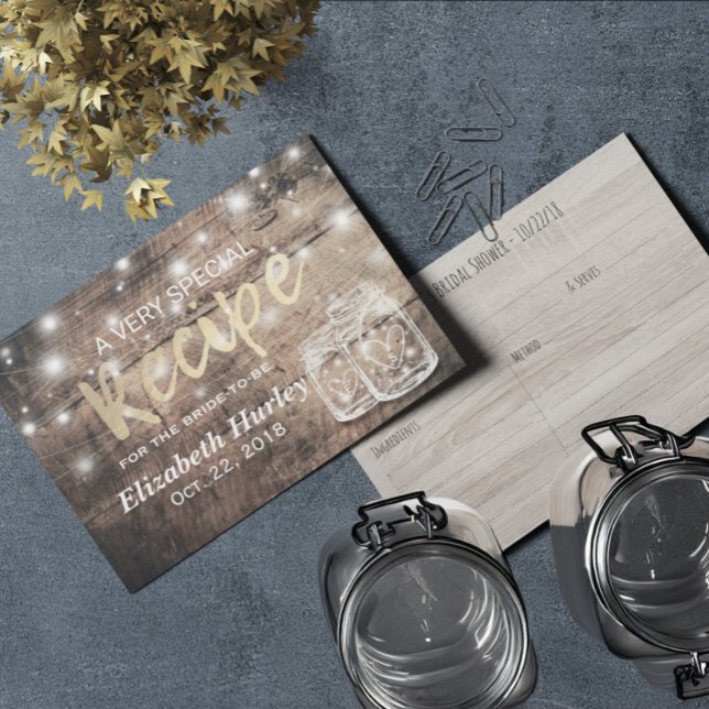 Rustic Wood Mason Jar Lights Bridal Shower Recipe Invitation Postcard (Creator Uploaded)