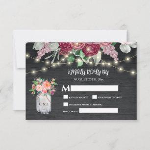 Rustic Wood Mason Jar Lights Burgundy RSVP Card