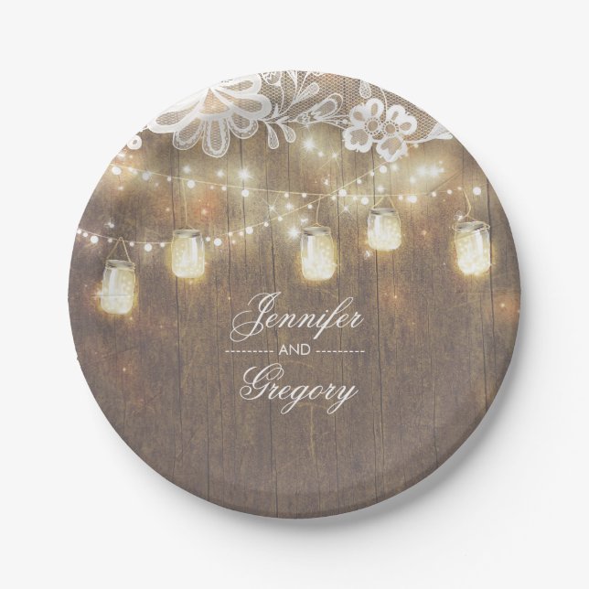 Rustic Wood Mason Jar Lights Lace Barn Wedding Paper Plate (Front)