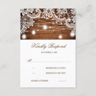 Rustic Wood Mason Jar Lights Lace Wedding RSVP Card