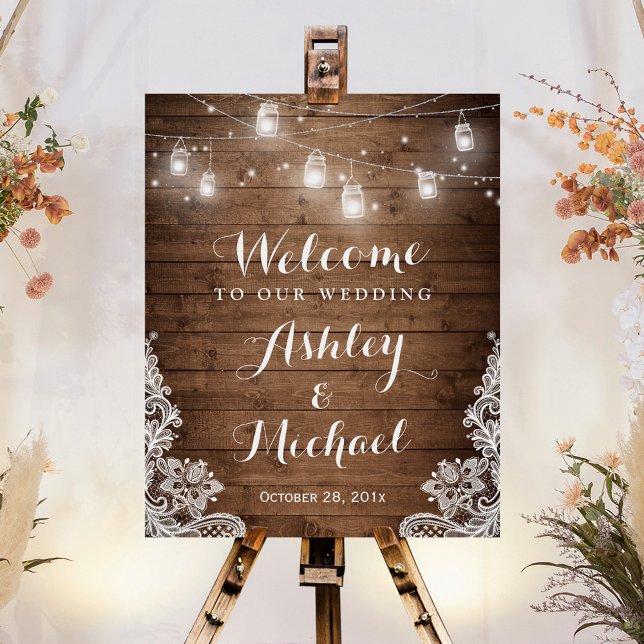 Rustic Wood Mason Jar Lights Lace Wedding Sign (Creator Uploaded)