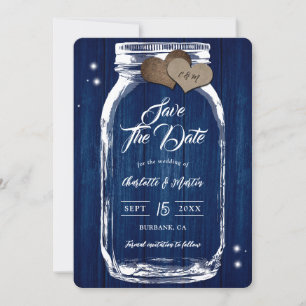 Rustic Wood Mason Jar Navy Blue Wedding Save The Date