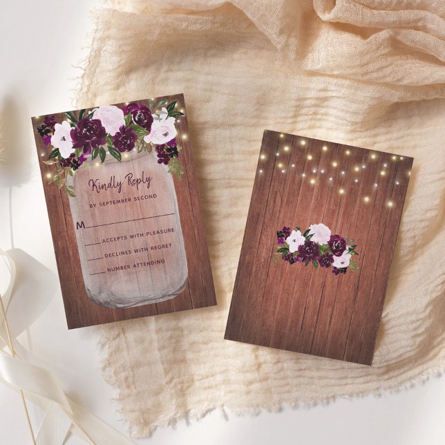 Rustic Wood Mason Jar Plum Floral Wedding RSVP Card (Creator Uploaded)