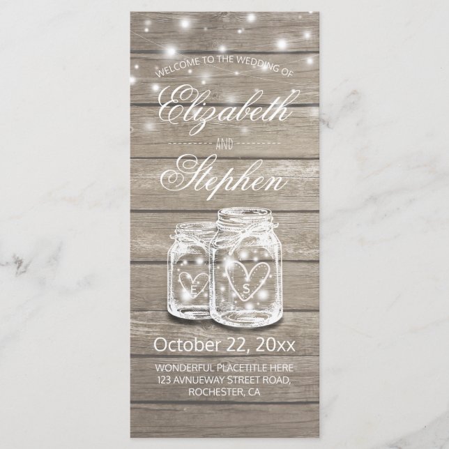 Rustic Wood Mason Jar String Light Wedding Program Programme (Front)