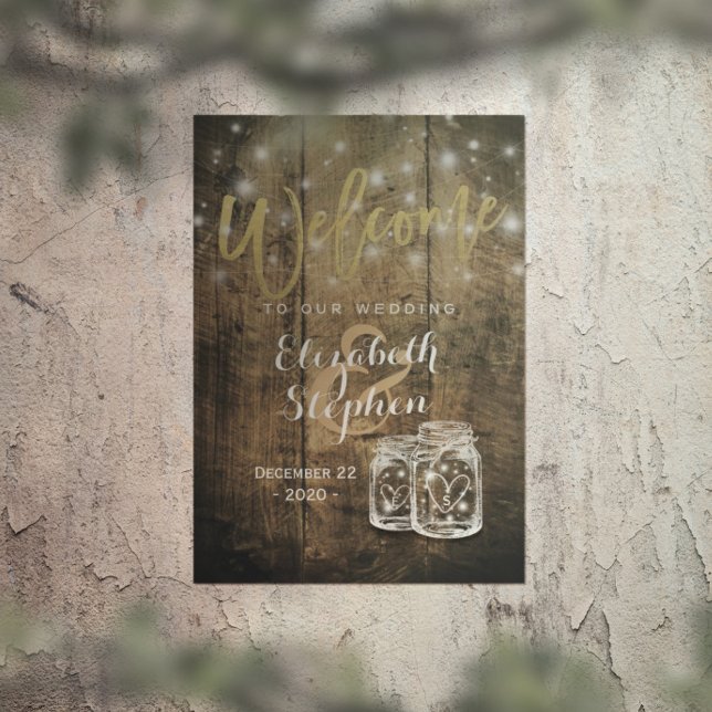 Rustic Wood Mason Jar String Light Wedding Welcome Poster (Creator Uploaded)