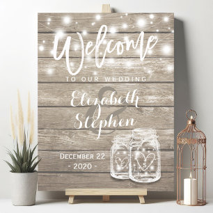 Rustic Wood Mason Jar String Light Wedding Welcome Poster