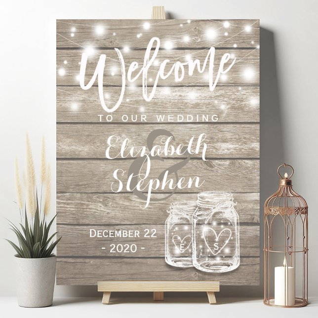 Rustic Wood Mason Jar String Light Wedding Welcome Poster (Creator Uploaded)
