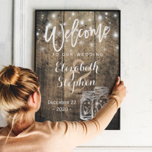 Rustic Wood Mason Jar String Light Wedding Welcome Poster