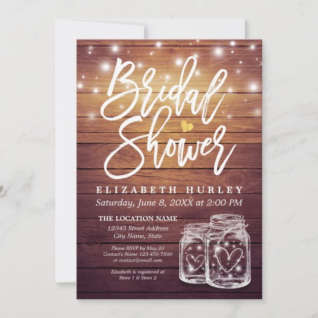 Rustic Wood Mason Jar String Lights Bridal Shower Invitation (Front)