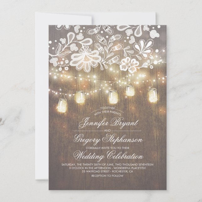 Rustic Wood Mason Jar String Lights Fall Wedding Invitation (Front)