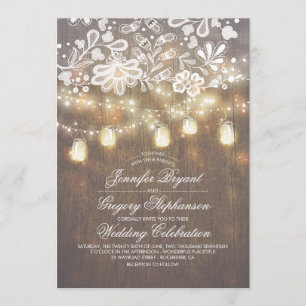 Rustic Wood Mason Jar String Lights Fall Wedding Invitation