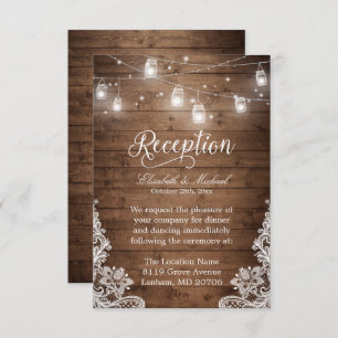 Rustic Wood Mason Jar String Lights Lace Reception Invitation