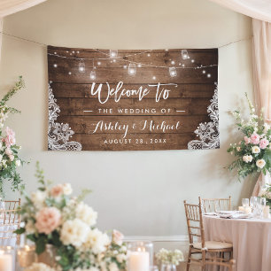 Rustic Wood Mason Jar String Lights Lace Wedding Banner