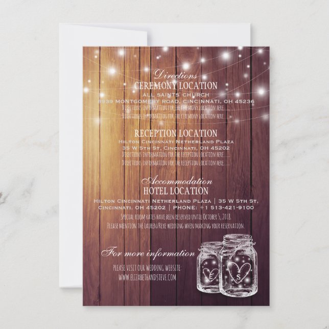 Rustic Wood Mason Jar String Lights Wedding Detail Invitation (Front)