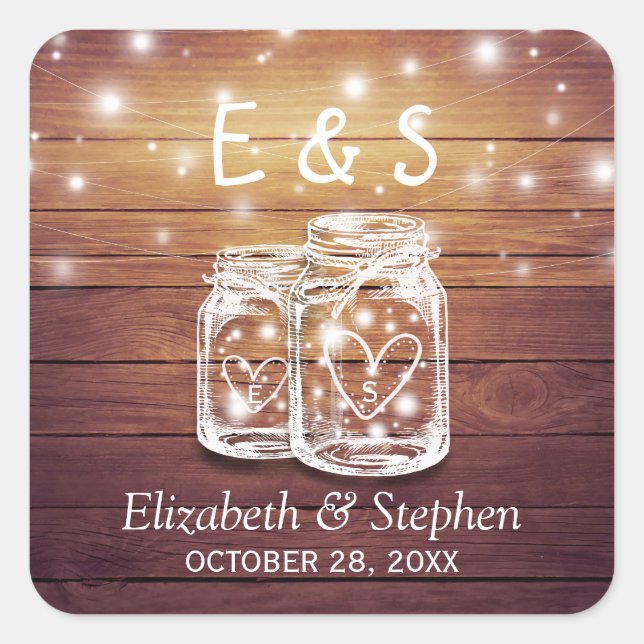 Rustic Wood Mason Jar String Lights Wedding Favour Square Sticker (Front)