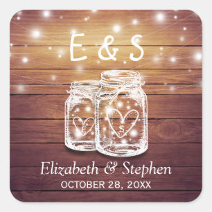 Rustic Wood Mason Jar String Lights Wedding Favour Square Sticker