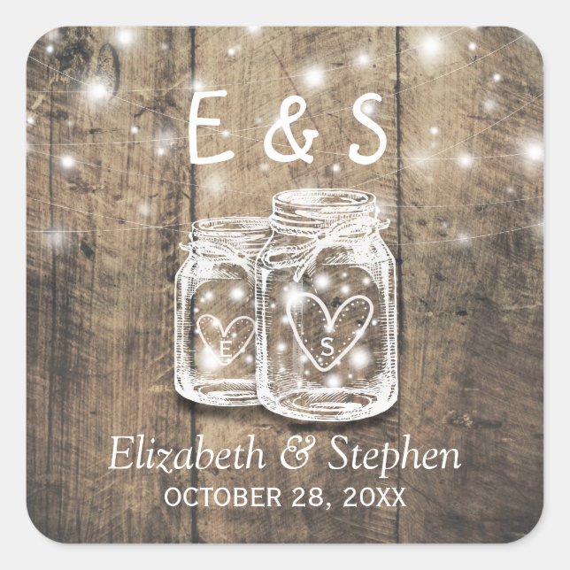 Rustic Wood Mason Jar String Lights Wedding Favour Square Sticker (Front)