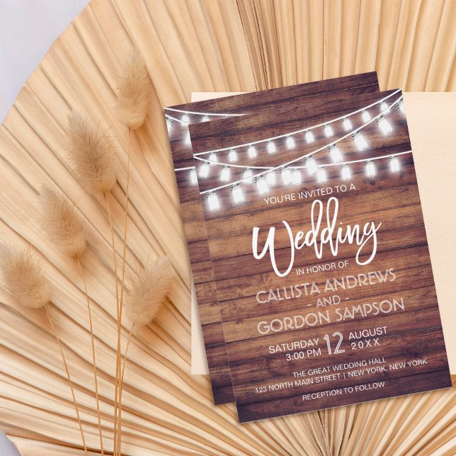 Rustic Wood Mason Jar String Lights Wedding Invitation (Creator Uploaded)
